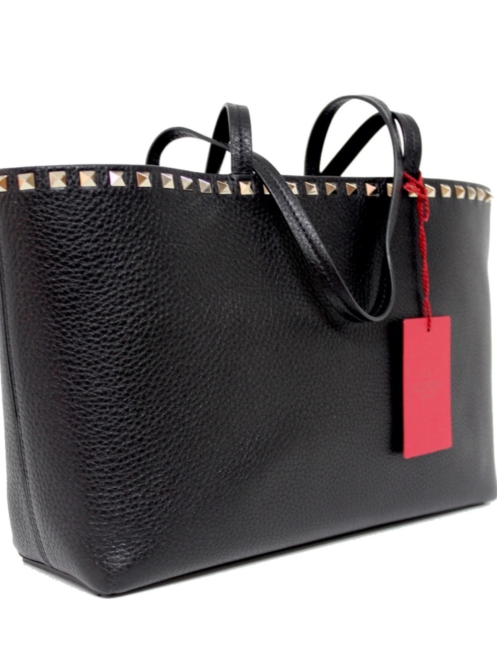 Valentino Garavani Black Leather Rockstud Tote with Red Tag